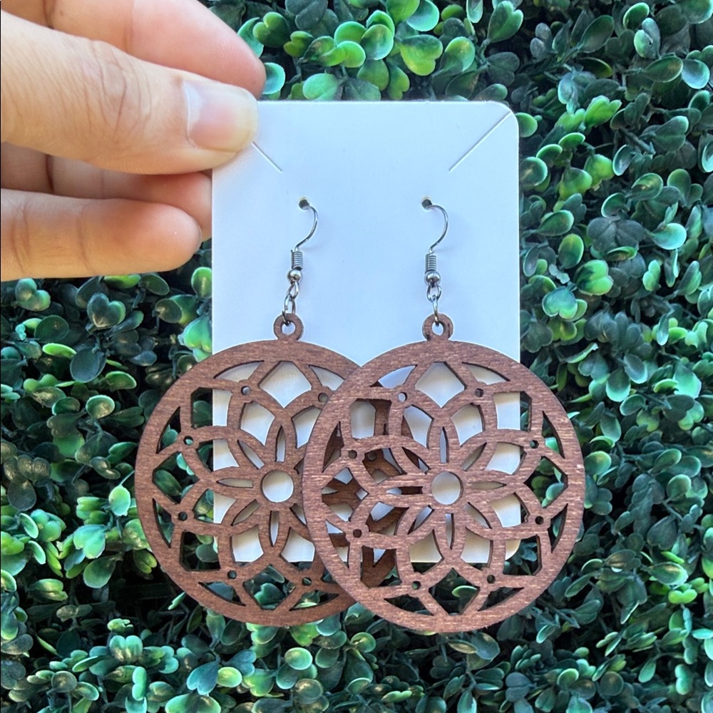 Brown Wooden Geometric Dangle Earrings